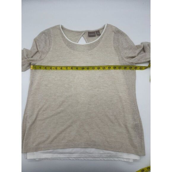 Chico's Long Sleeve Blouse Sz 1 Cream Round Neck Cut Out Back Double Layer - Picture 4 of 9